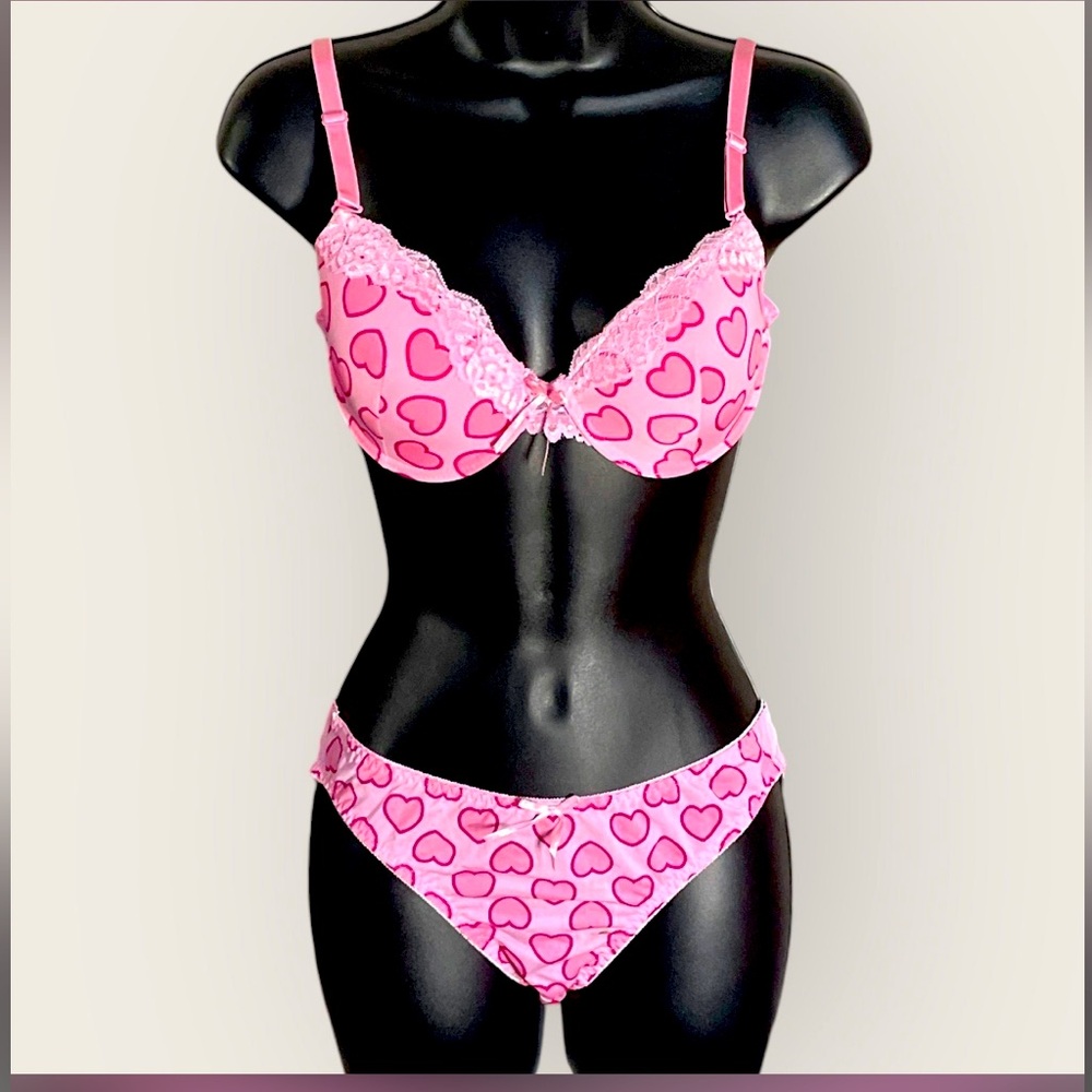Shape & Chic Pink Heart Underwire Push-up Bra & Bikini Panty Lingerie 2pc Set